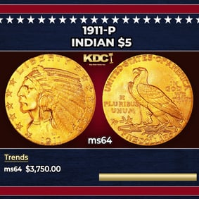 1911-p Gold Indian Half Eagle $5 ms64+ USCG