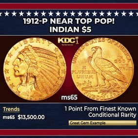 1912-s Gold Indian Half Eagle $5 ms63+ USCG