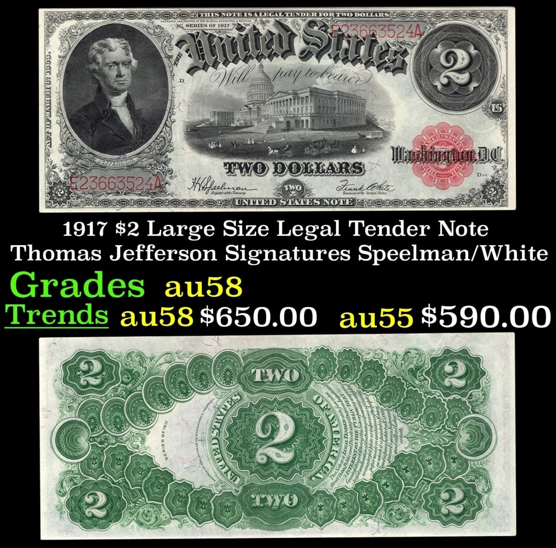 1917 $2 Large Size Legal Tender Note Thomas Jefferson Grades Choice AU/BU Slider Signatures (1 of 3)