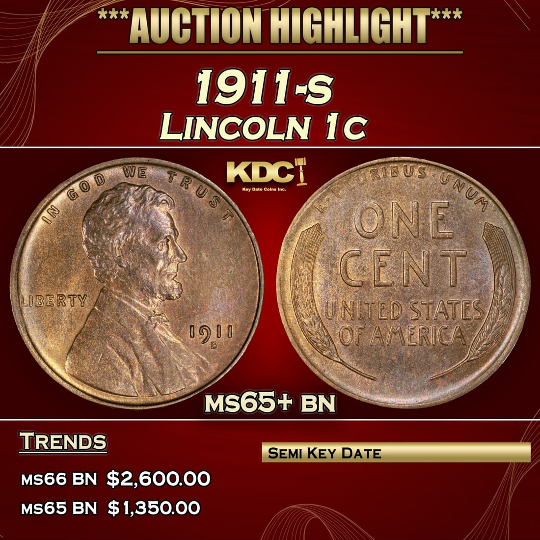 1911-s Lincoln Cent 1c ms65+ bn SEGS (1 of 3)