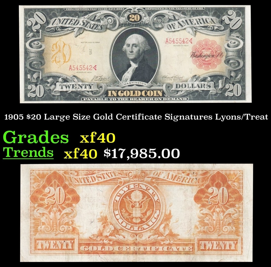 1905 $20 Large Size Gold Certificate Grades xf Signatures Lyons/Treat (1 of 3)