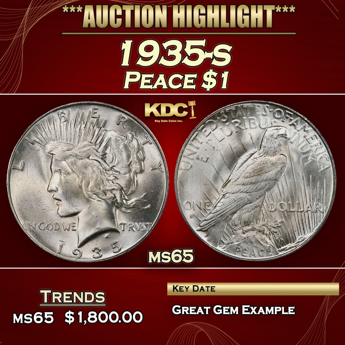 1935-s Peace Dollar $1 ms65 SEGS (1 of 3)