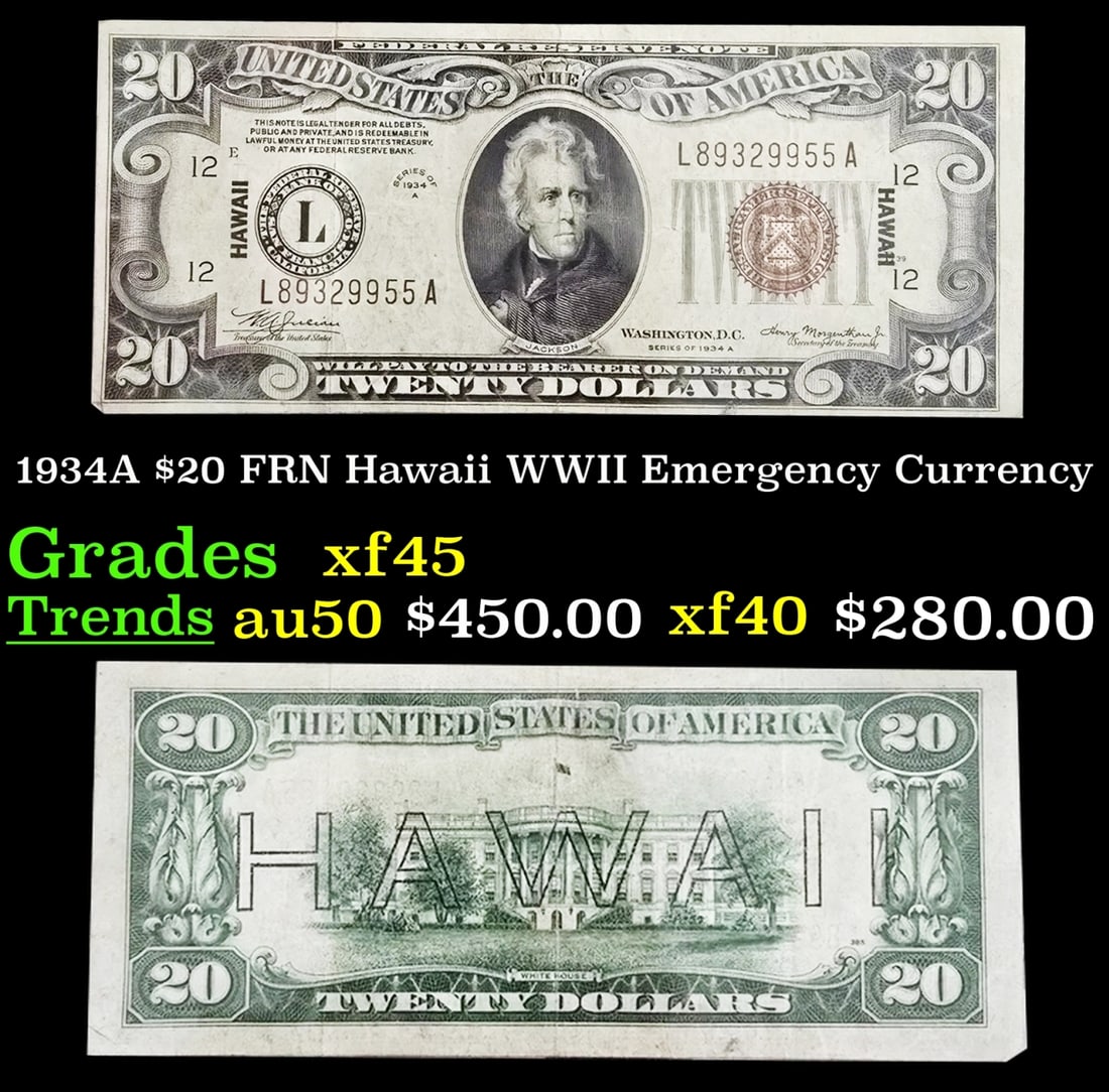 1934A $20 FRN Hawaii WWII Emergency Currency Grades xf+ (1 of 3)