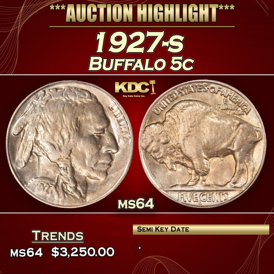 1927-s Buffalo Nickel 5c ms64 SEGS (1 of 3)
