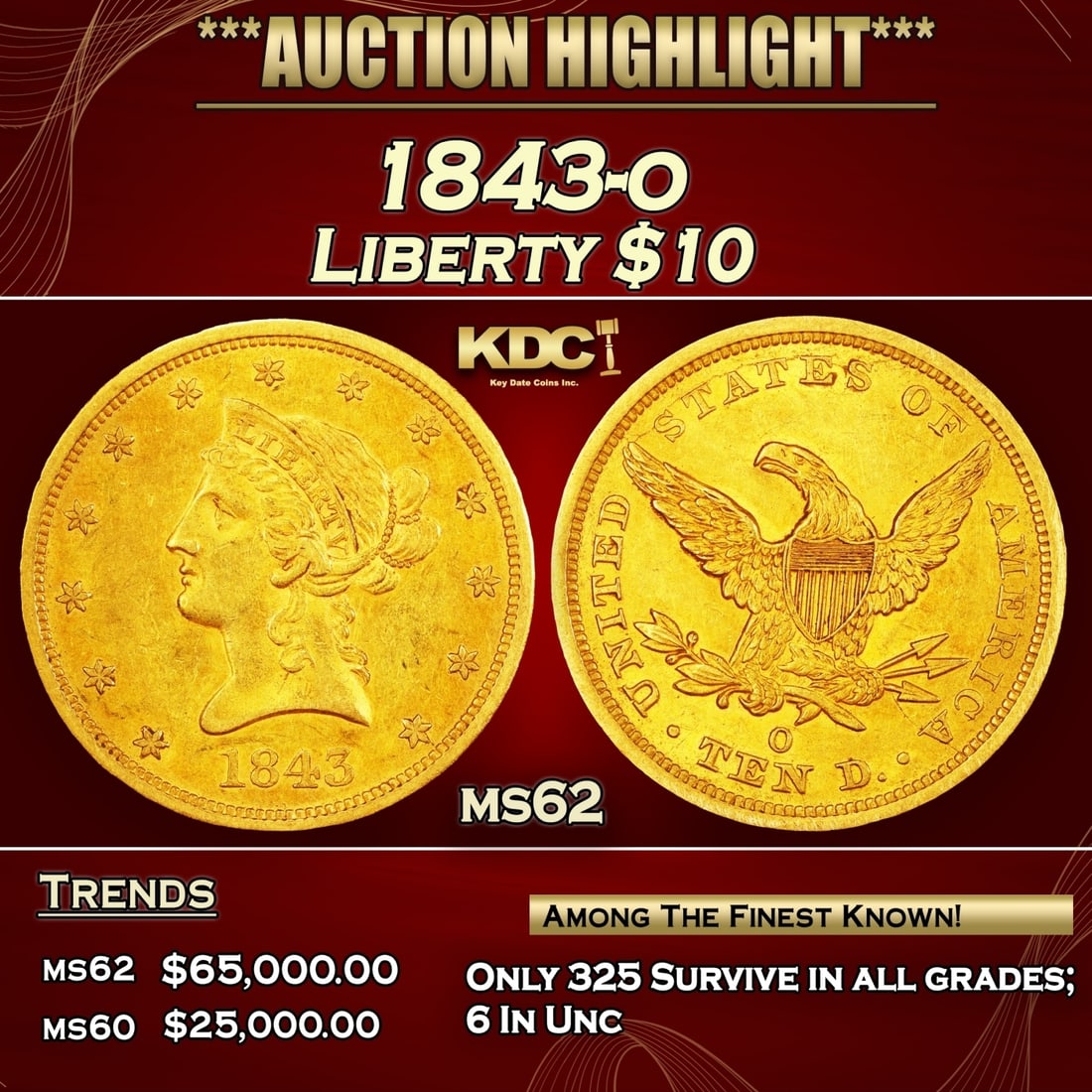 1843-o Gold Liberty Eagle $10 ms62 SEGS (1 of 3)