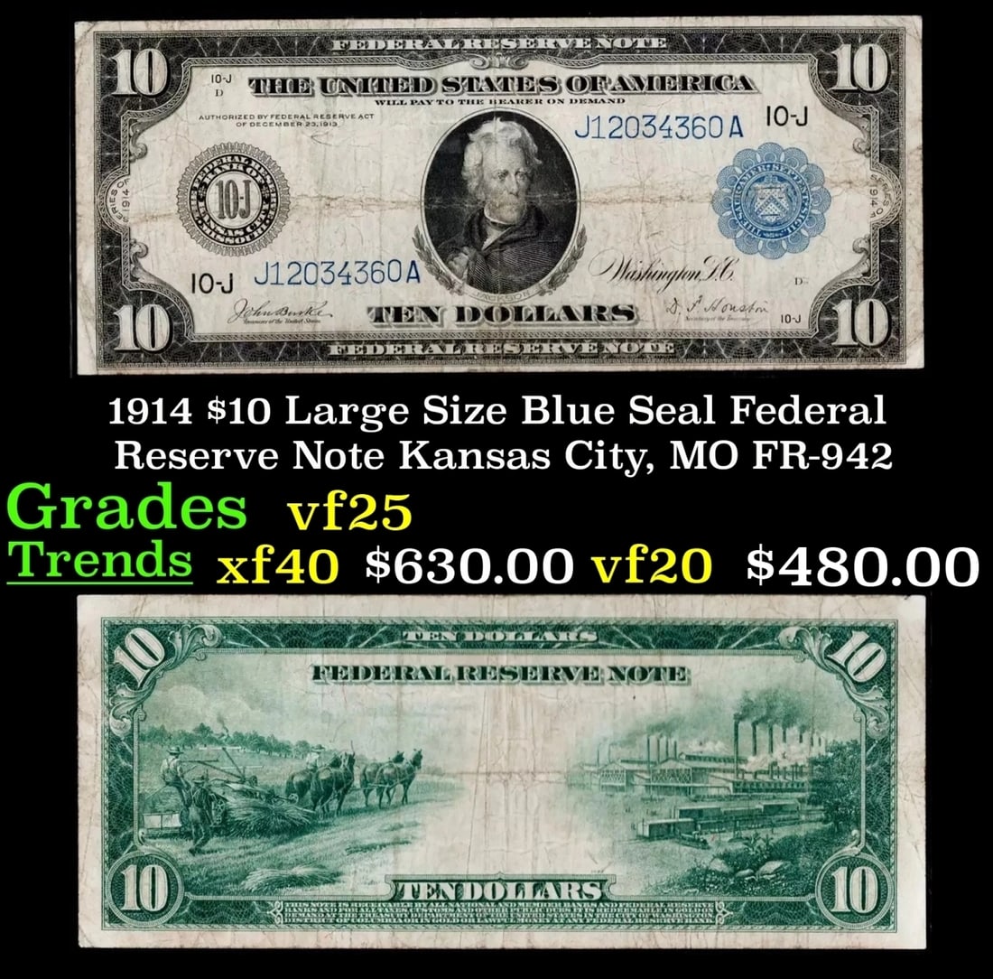 1914 $10 Large Size Blue Seal Federal Reserve Note Kansas City, MO Grades vf+ FR-942 (1 of 3)