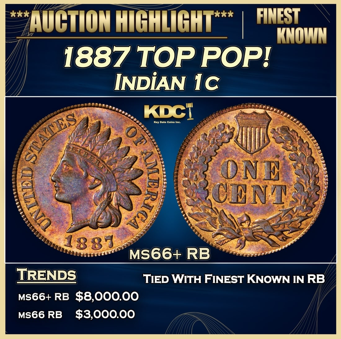1887 Indian Cent TOP POP! 1c ms66+ RB SEGS (1 of 3)