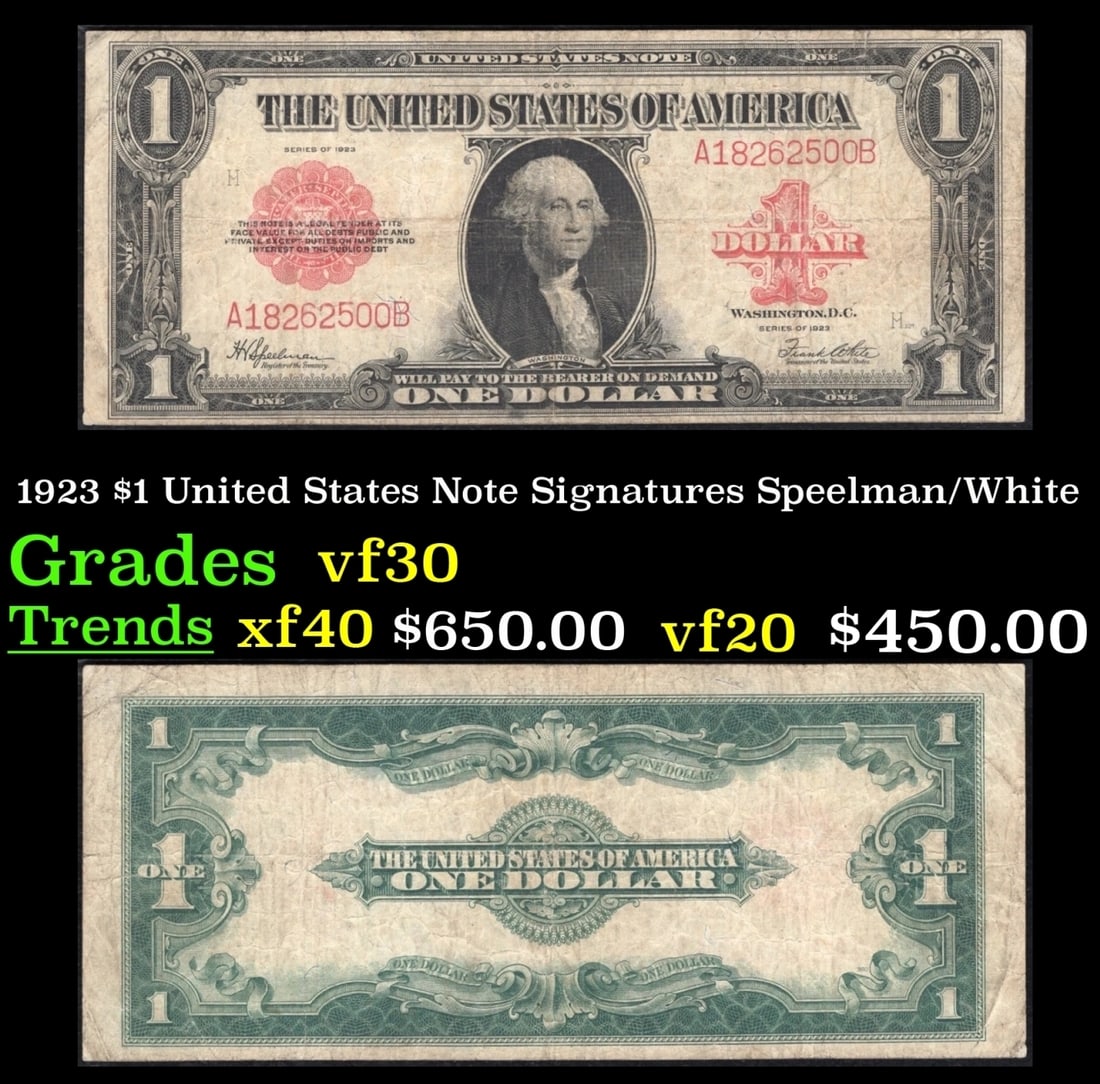 1923 $1 United States Note Grades vf++ Signatures Speelman/White (1 of 3)