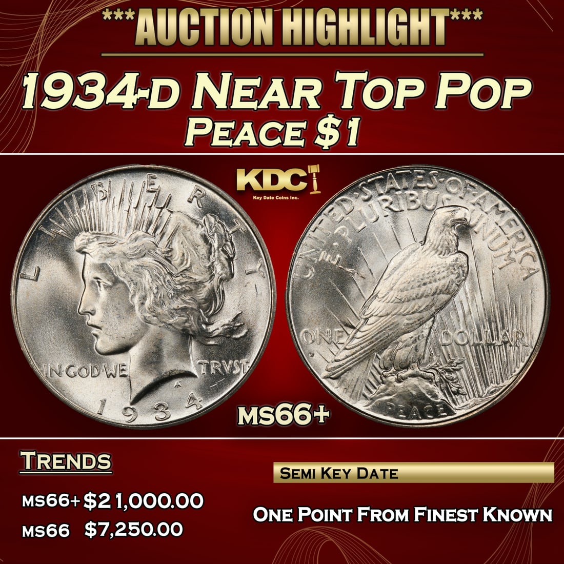 1934-d Peace Dollar Near Top Pop $1 ms66+ SEGS (1 of 3)