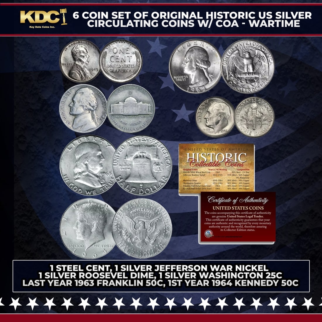 6 Coin Wartime Set of Original Historic US Silver Circulating Coins w/ COA Other Toy (1 of 2)
