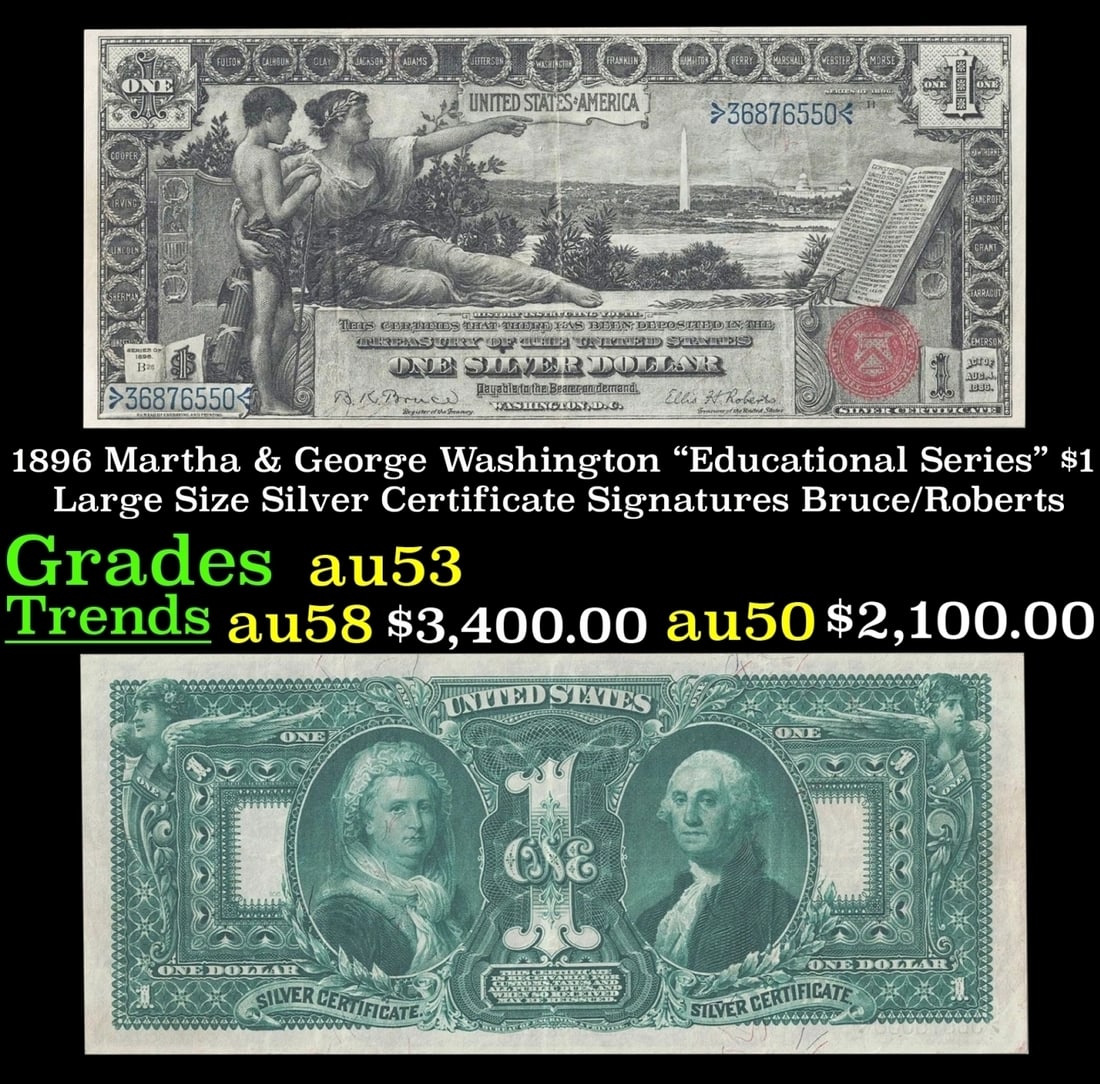 1896 $1 large size Silver Certificate Martha & George Washington "Educational Series" Grades Select (1 of 3)