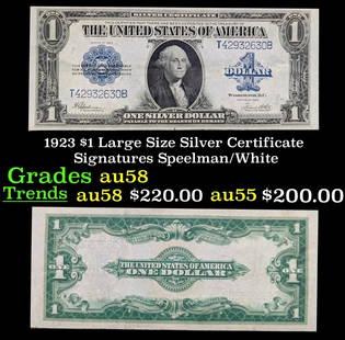 1923 $1 large size Silver Certificate Grades Choice AU/BU Slider Signatures Speelman/White: 1923 $1 large size Silver Certificate Grades Choice AU/BU Slider Signatures Speelman/White. Fr-237 The term “horse blanket&rdquo; gets used a lot when talking about large size currency. It is most f