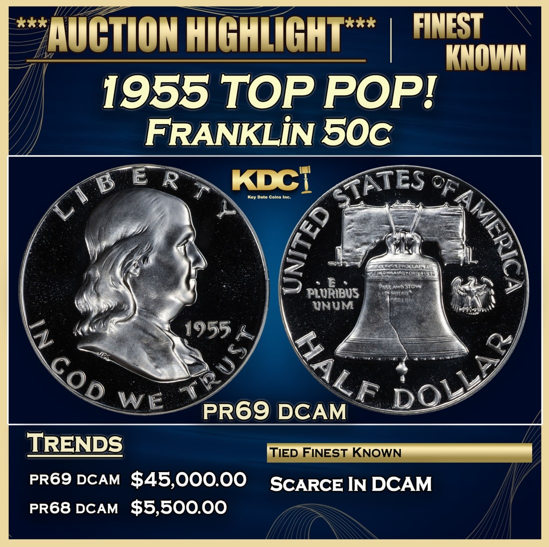 1955 Proof Franklin Half Dollar TOP POP! 50c pr69 dcam SEGS (1 of 3)
