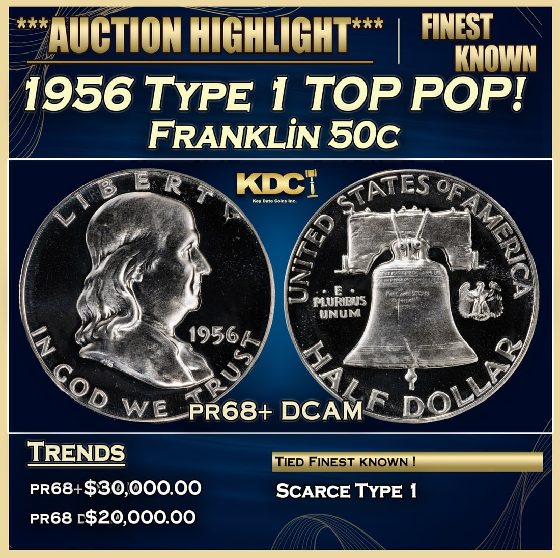 1956 Type 1 Proof Franklin Half Dollar TOP POP! 50c pr68+ DCAM SEGS (1 of 3)