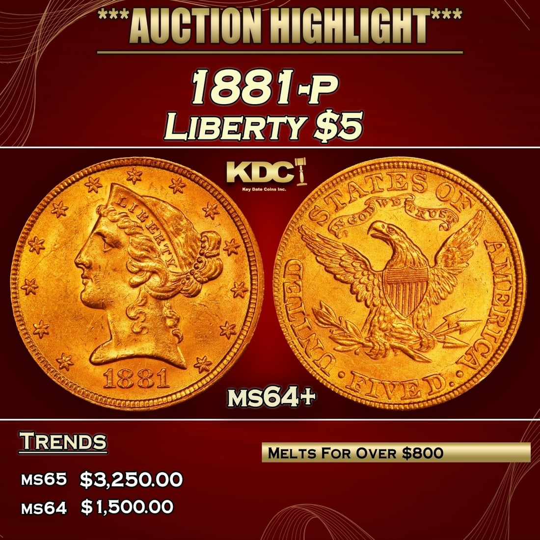 1881-p Gold Liberty Half Eagle $5 ms64+ SEGS (1 of 3)