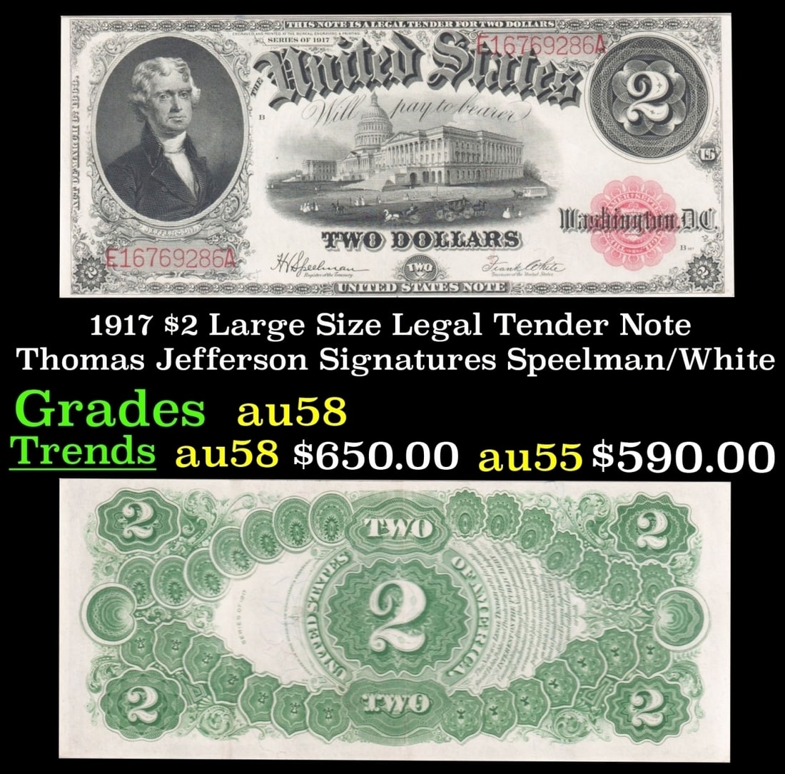 1917 $2 Large Size Legal Tender Note Thomas Jefferson Grades Choice AU/BU Slider Signatures (1 of 3)