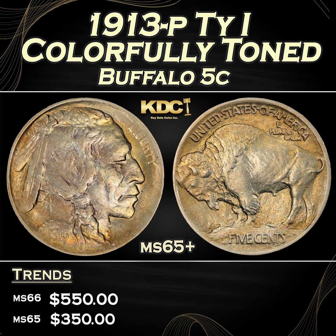 1913-p Ty I Buffalo Nickel Colorfully Toned 5c Grades ms65+ (1 of 3)