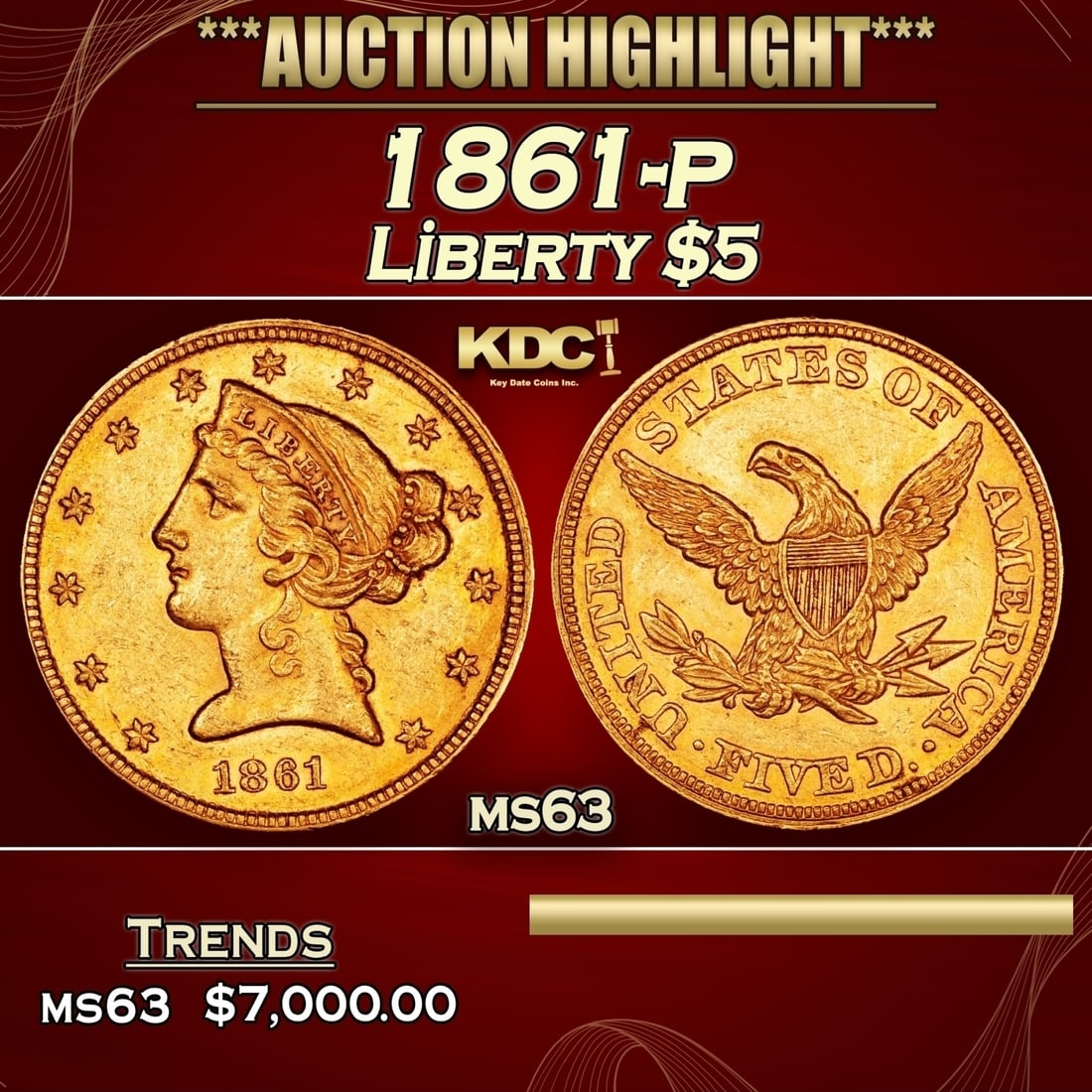 1861-p Gold Liberty Half Eagle $5 ms63 USCG (1 of 3)