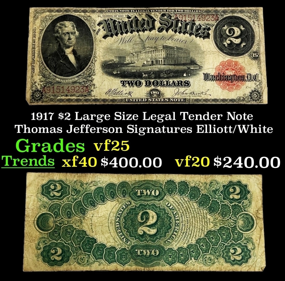 1917 $2 Large Size Legal Tender Note Thomas Jefferson Grades vf+ Signatures Elliott/White (1 of 3)