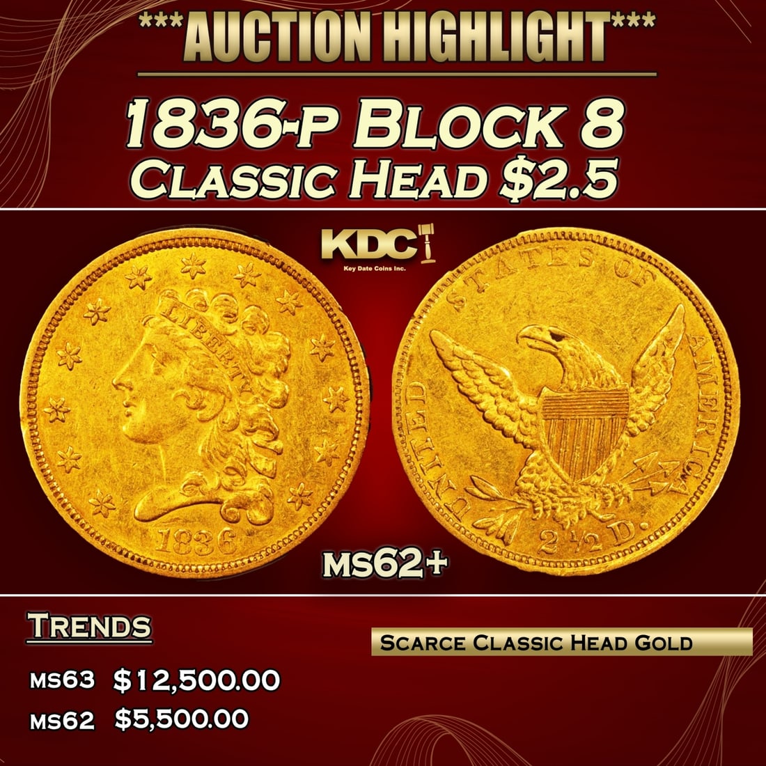 1836-p Block 8 Classic Head Gold Quarter Eagle $2 1/2 ms62+ USCG (1 of 3)