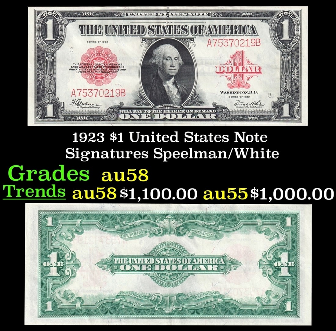 1923 $1 United States Note Grades Choice AU/BU Slider Signatures Speelman/White (1 of 3)