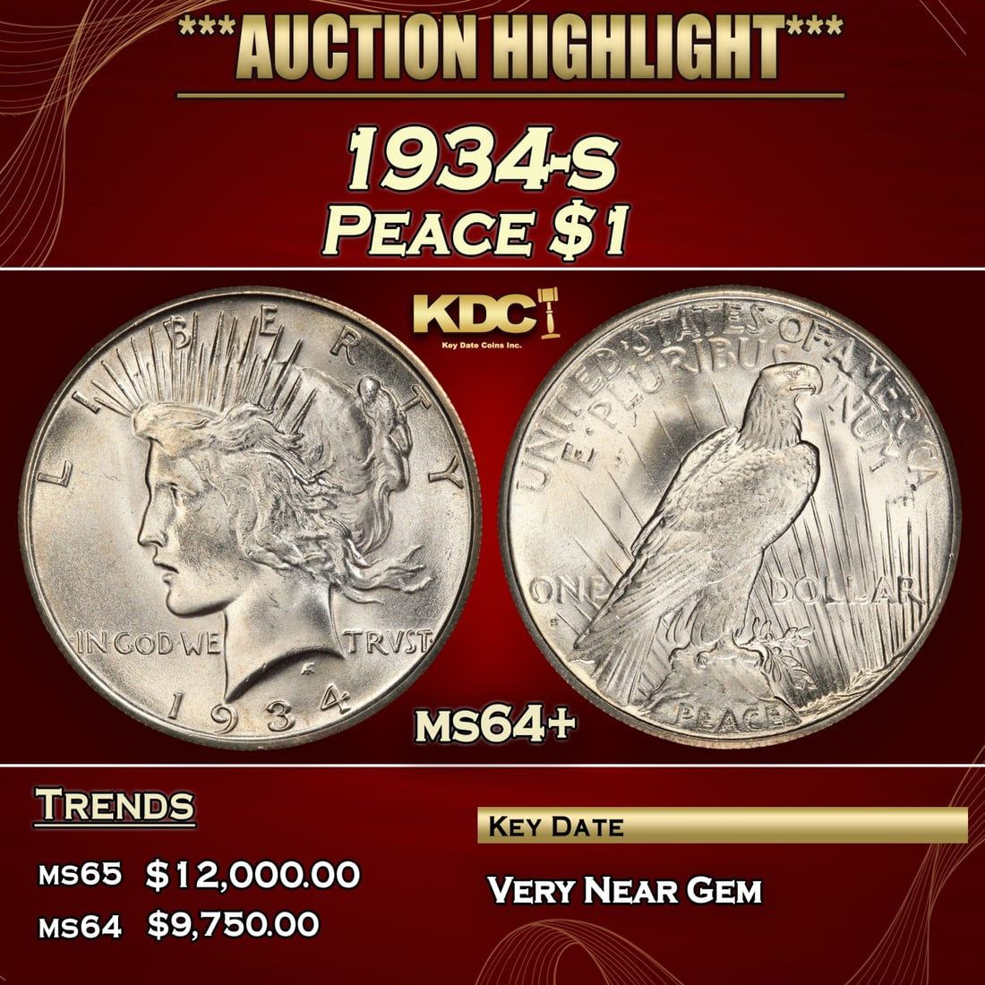 1934-s Peace Dollar $1 ms64+ USCG (1 of 3)