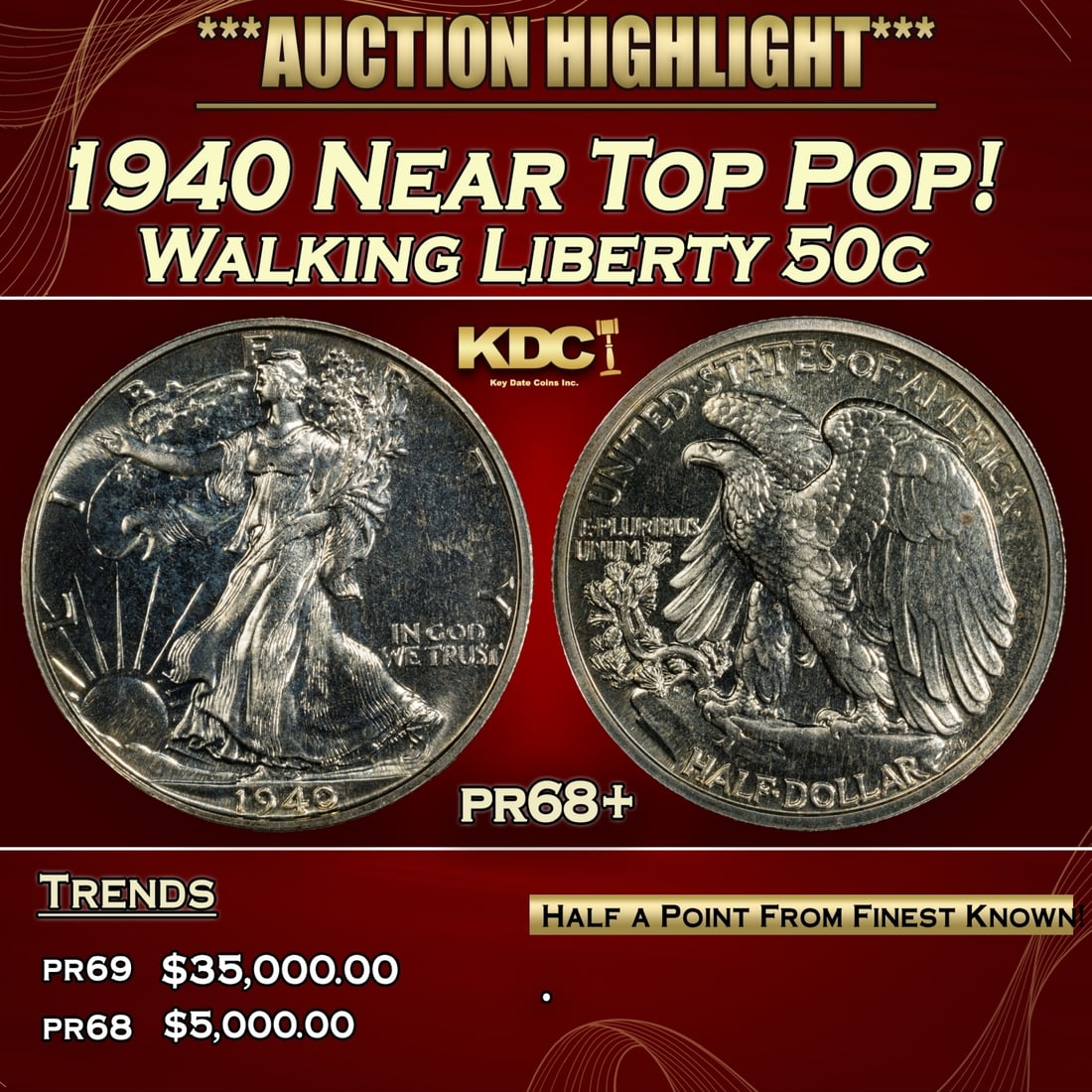 1940 Proof Walking Liberty Half Dollar Near Top Pop! 50c pr68+ SEGS (1 of 3)