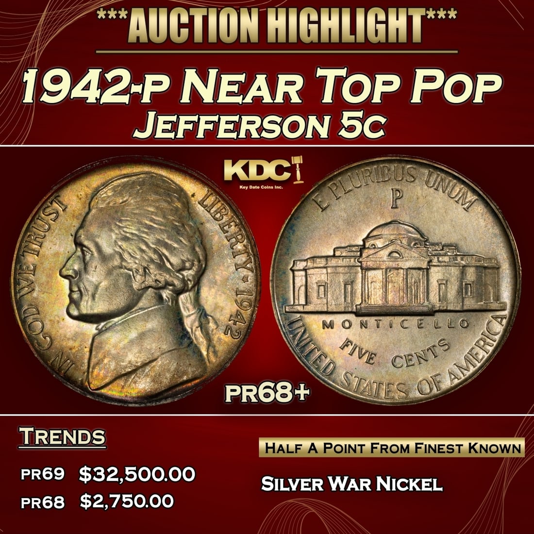 1942-p Proof Jefferson Nickel Near Top Pop 5c pr68+ SEGS (1 of 3)