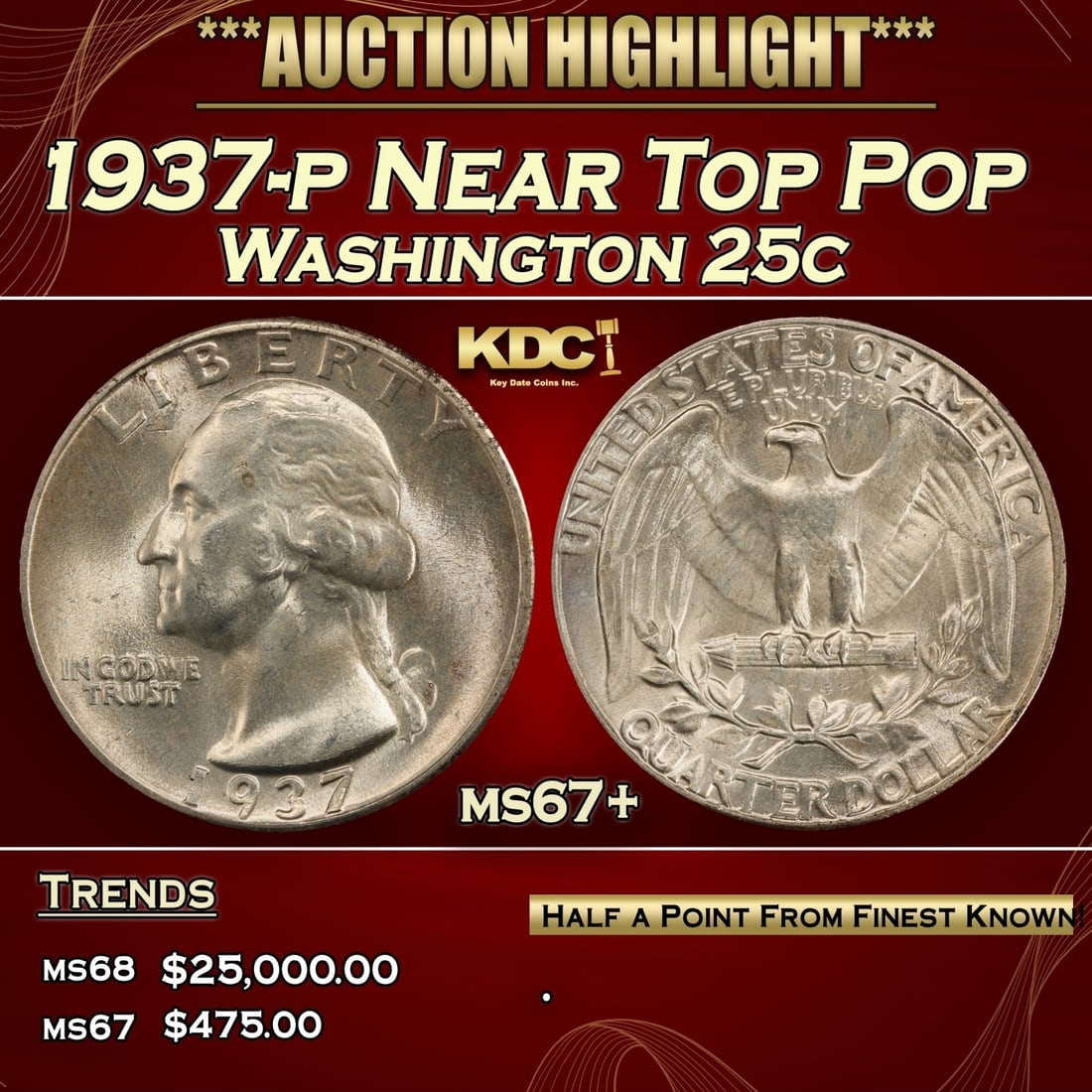 1937-p Washington Quarter Near Top Pop 25c ms67+ SEGS (1 of 3)