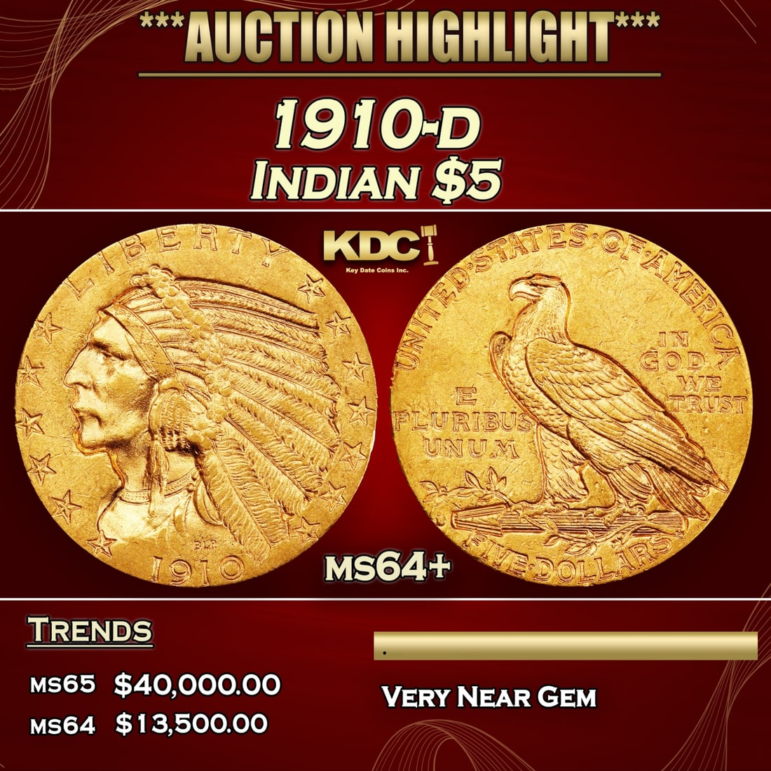 1910-d Gold Indian Half Eagle $5 ms64+ USCG (1 of 3)