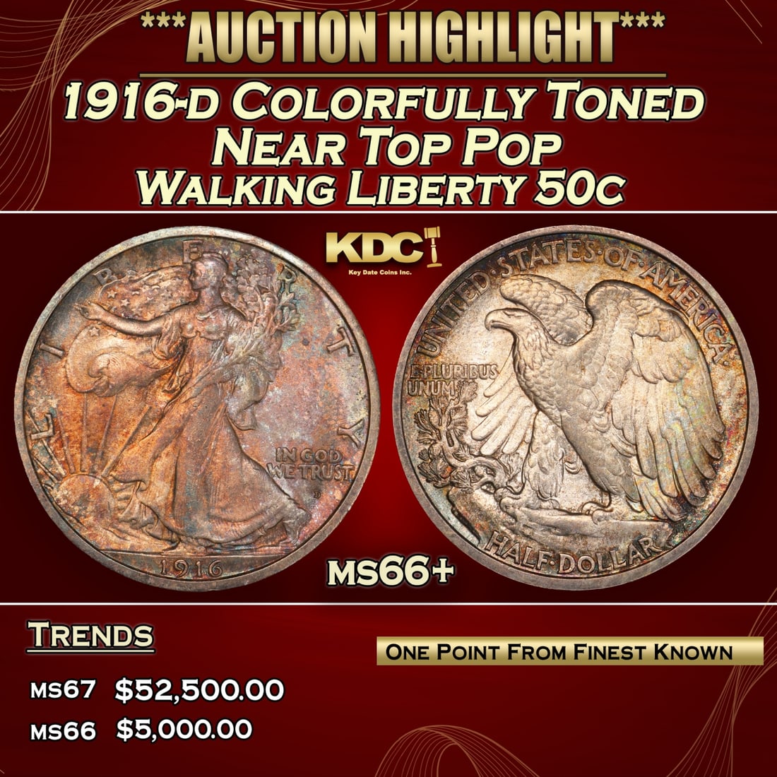 1916-d Walking Liberty Half Dollar Colorfully Toned Near Top Pop 50c ms66+ SEGS (1 of 3)