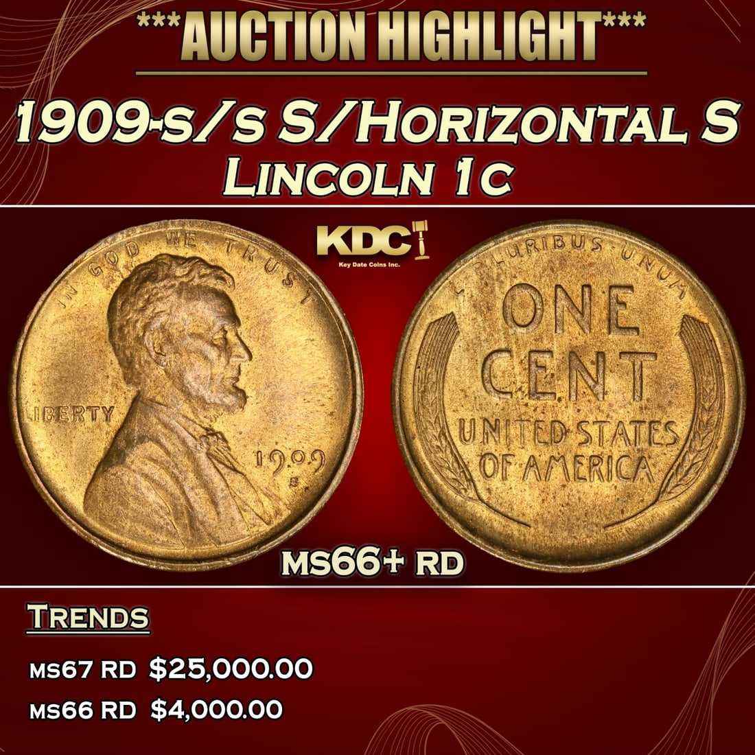 1909-s/s S/Horizontal S Lincoln Cent 1c ms66+ rd SEGS (1 of 3)