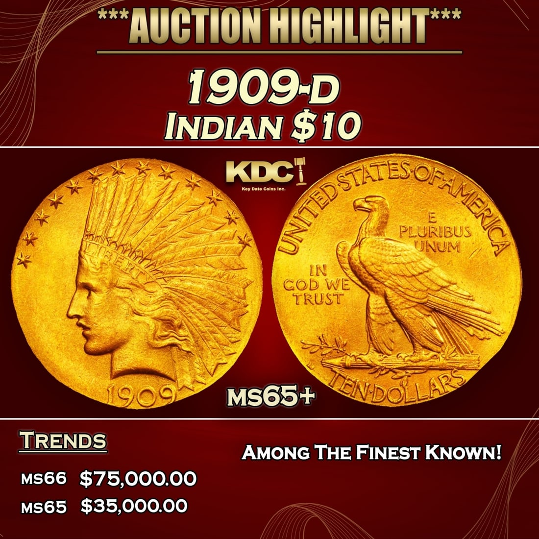1909-d Gold Indian Eagle $10 ms65+ SEGS (1 of 3)