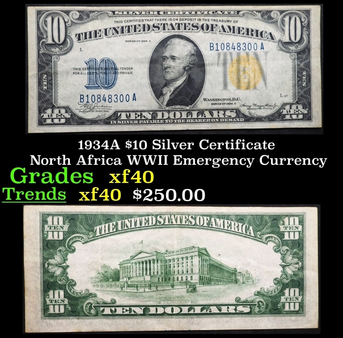 1934A $10 Silver Certificate North Africa WWII Emergency Currency Grades xf (1 of 3)