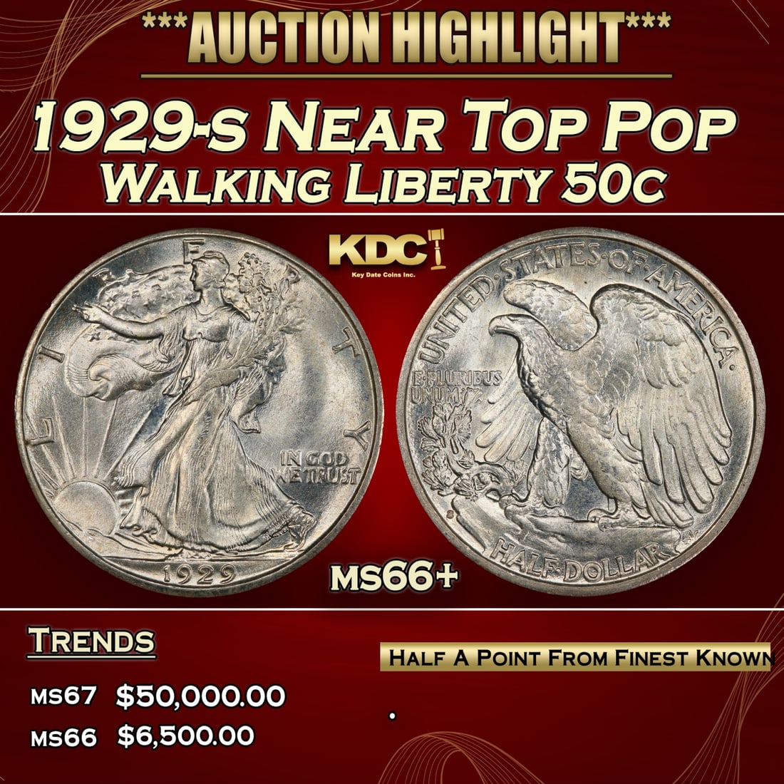 1929-s Walking Liberty Half Dollar Near Top Pop 50c ms66+ SEGS (1 of 3)