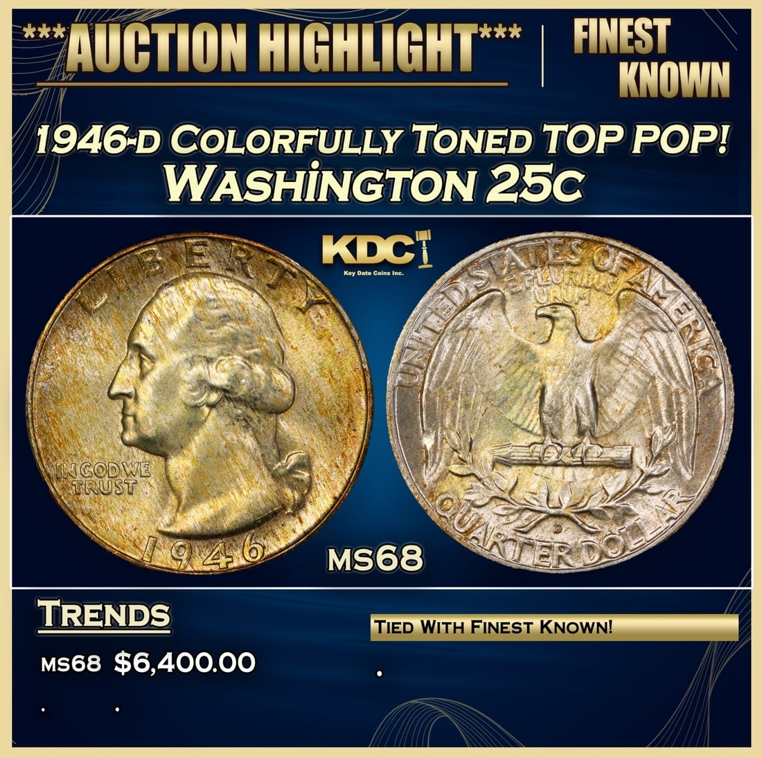 1946-d Washington Quarter Colorfully Toned TOP POP! 25c ms68 SEGS (1 of 3)