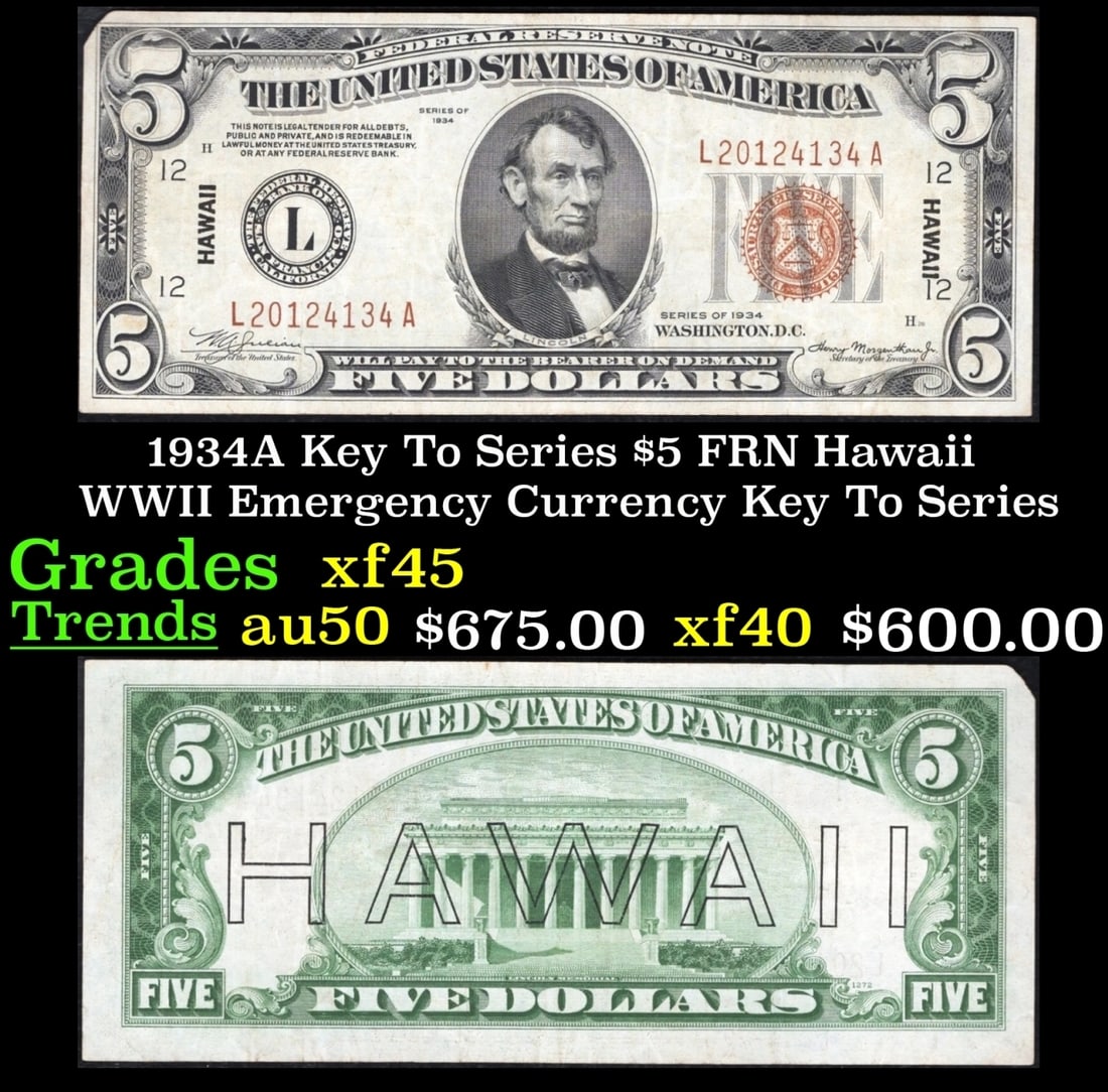 1934A $5 FRN Hawaii WWII Emergency Currency Key To Series Key To Series Grades xf+ (1 of 3)