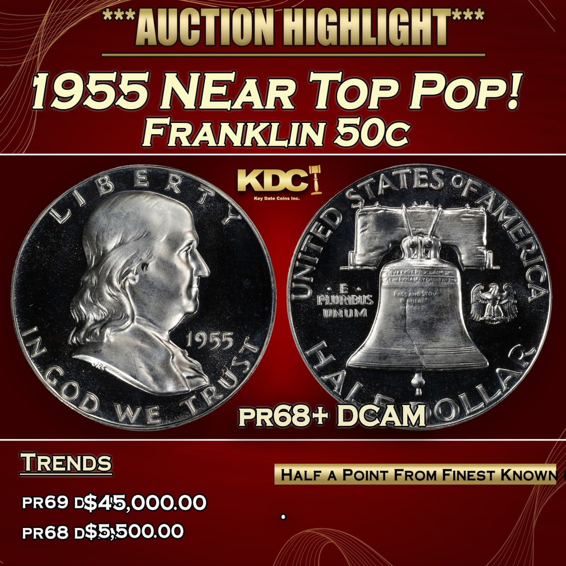 1955 Proof Franklin Half Dollar NEar Top Pop! 50c pr68+ DCAM SEGS (1 of 3)
