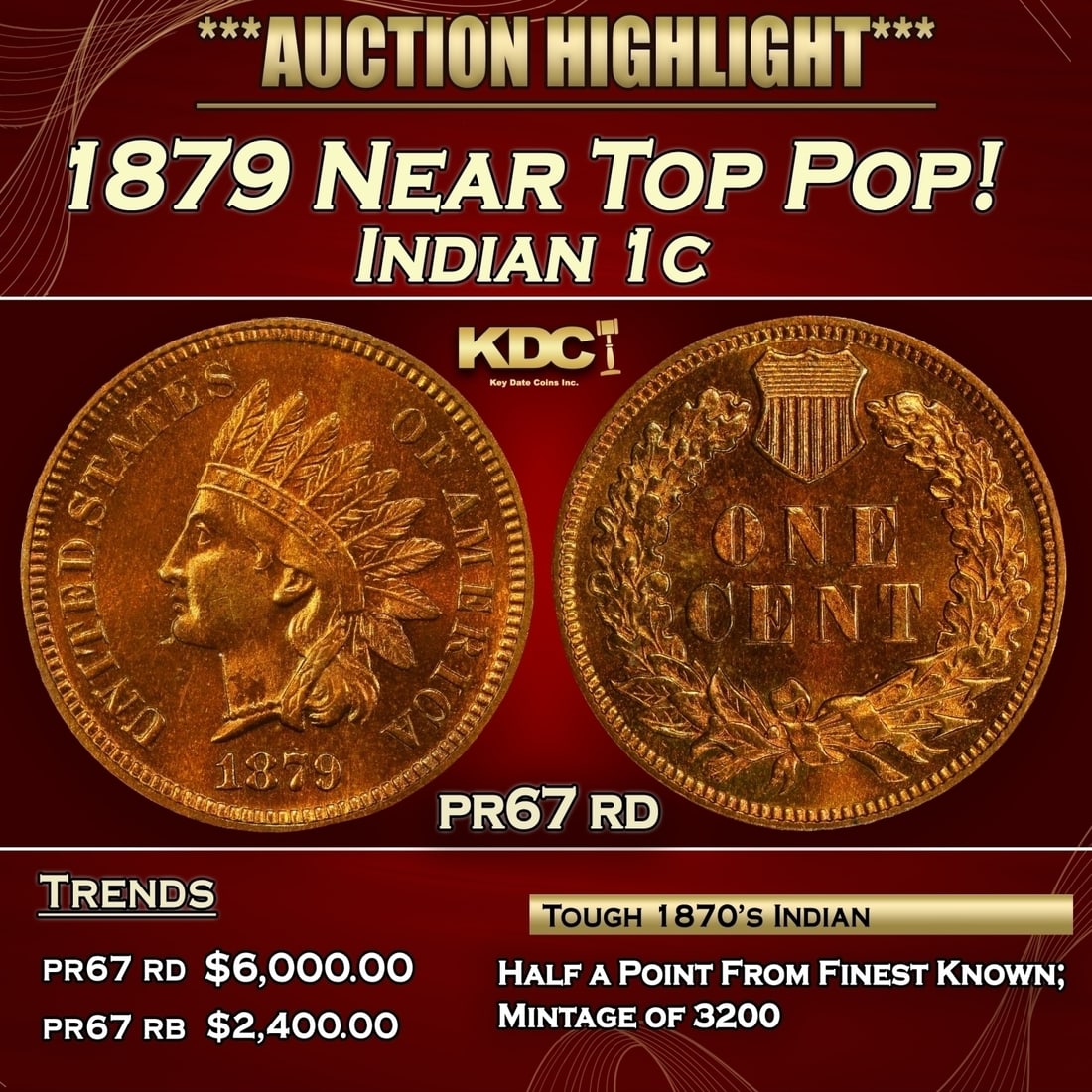 1879 Proof Indian Cent Near Top Pop! 1c pr67 rd SEGS (1 of 3)