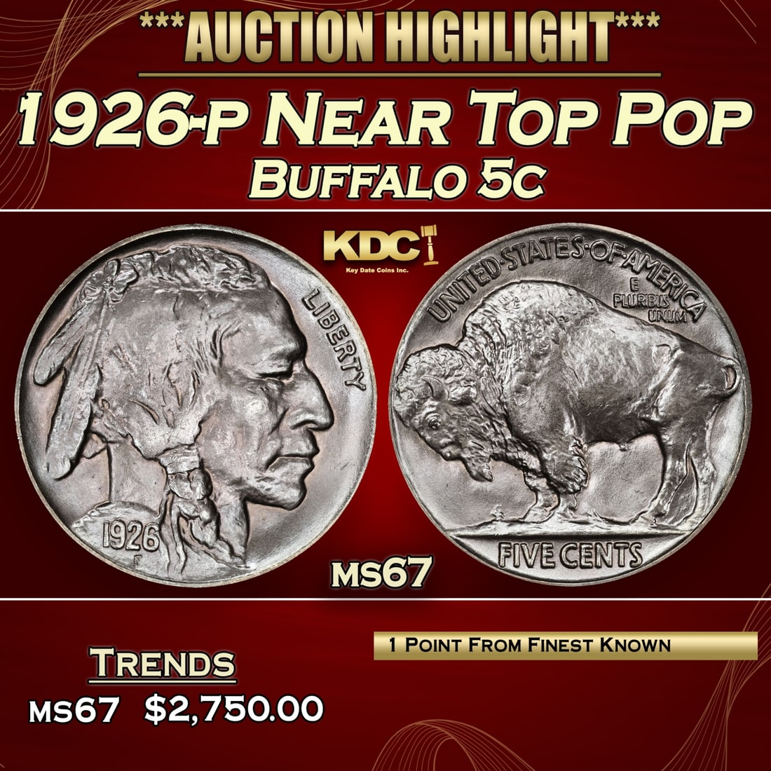 1926-p Buffalo Nickel Near Top Pop 5c ms67 SEGS (1 of 3)