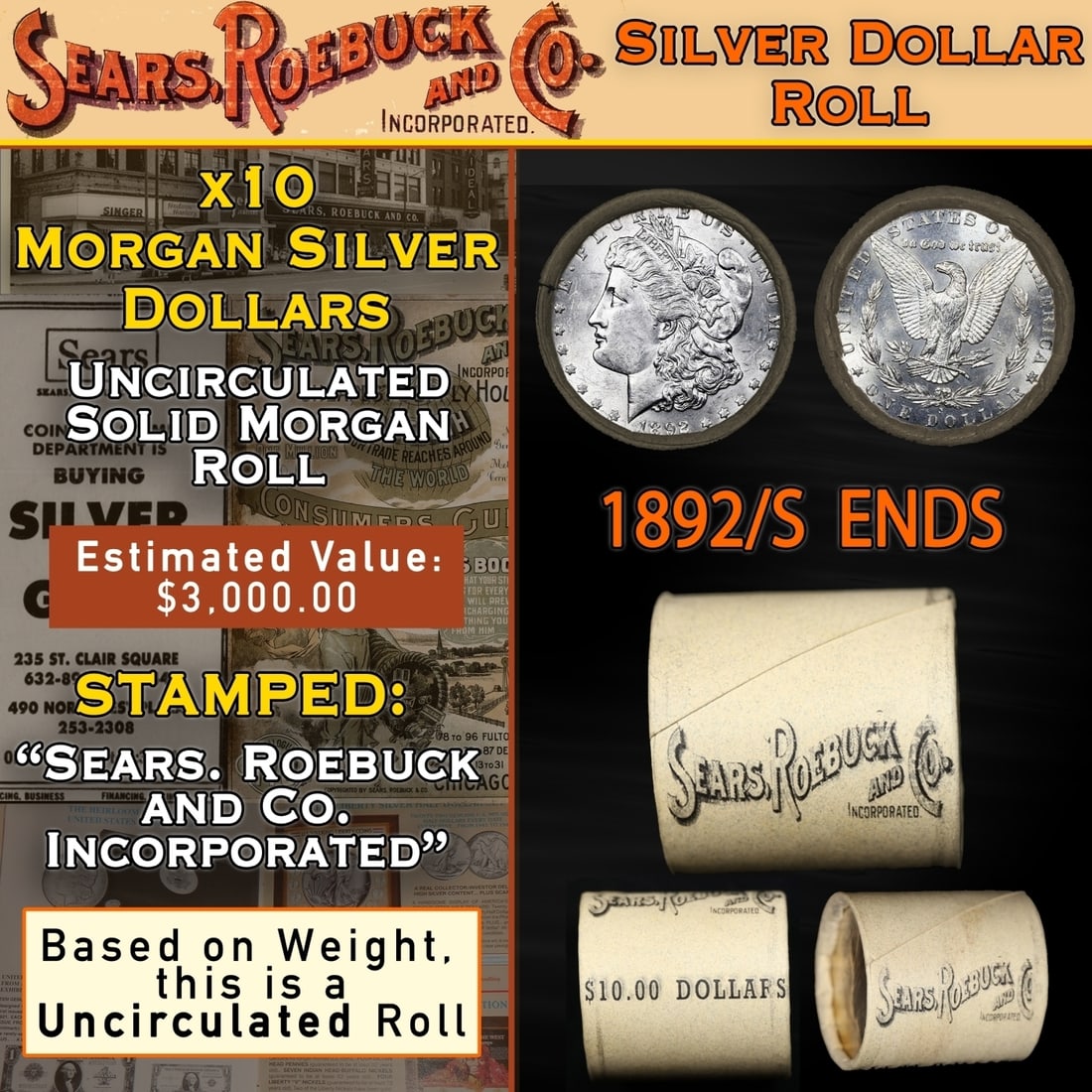 10 Coin SEARS UNC Morgan Silver Dollar $1 Roll 1892/'S' Rev Ends (1 of 8)
