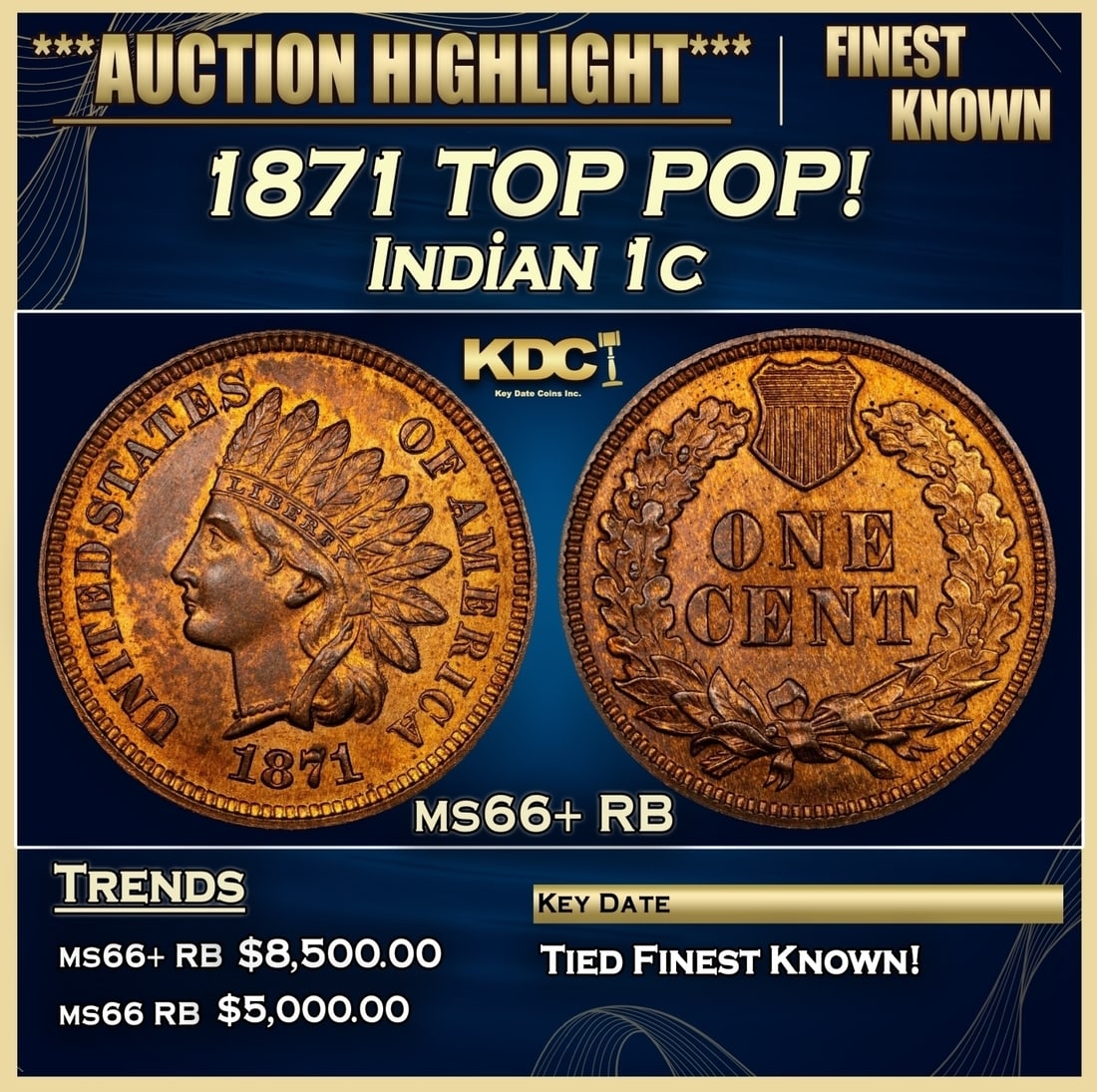 1871 Indian Cent TOP POP! 1c ms66+ RB SEGS (1 of 3)