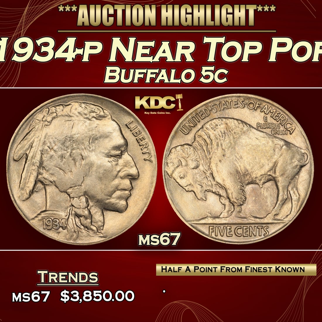 1934-p Buffalo Nickel Near Top Pop 5c ms67 SEGS (1 of 3)
