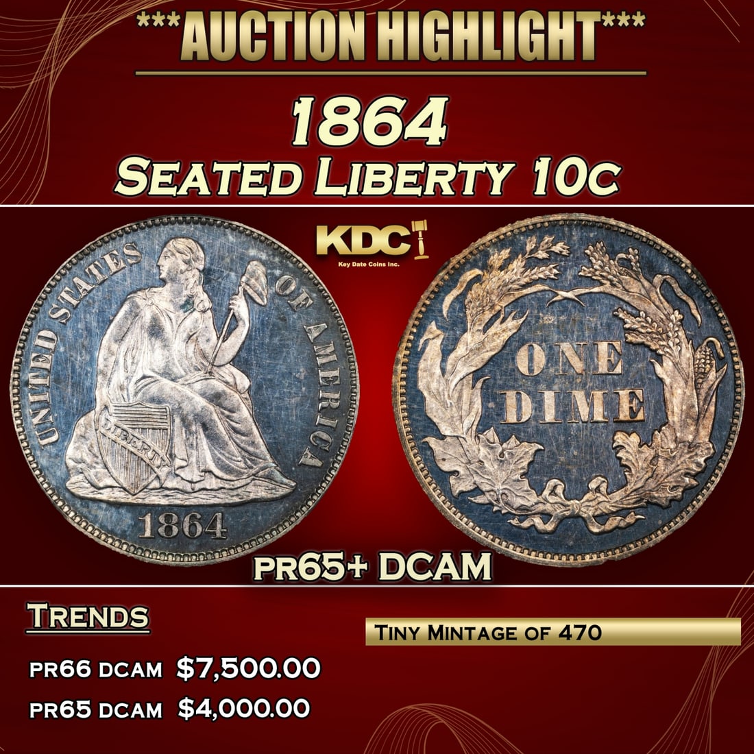 1864 Proof Seated Liberty Dime 10c pr65+ DCAM SEGS (1 of 3)
