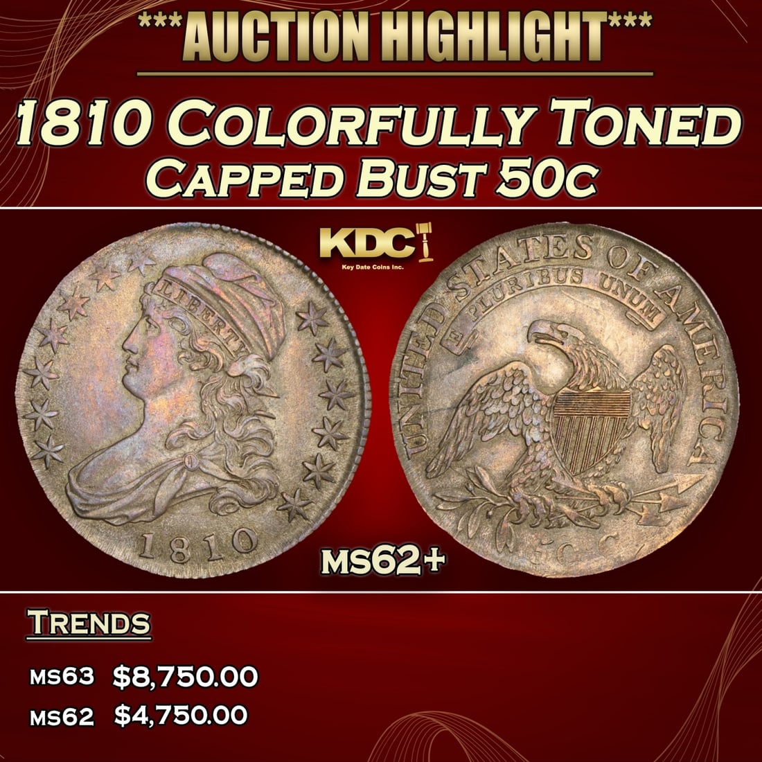 1810 Capped Bust Half Dollar Colorfully Toned  50c ms62+ USCG (1 of 3)