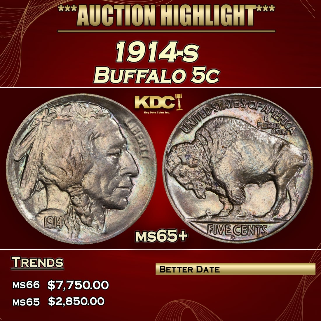 1914-s Buffalo Nickel 5c ms65+ SEGS (1 of 3)