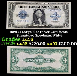 1923 $1 large size Silver Certificate Grades Choice AU/BU Slider Signatures Speelman/White: 1923 $1 large size Silver Certificate Grades Choice AU/BU Slider Signatures Speelman/White. Fr-237 The term “horse blanket&rdquo; gets used a lot when talking about large size currency. It is most f