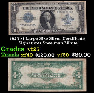 1923 $1 large size Silver Certificate Grades vf+ Signatures Speelman/White: 1923 $1 large size Silver Certificate Grades vf+ Signatures Speelman/White. Fr-237 The term “horse blanket&rdquo; gets used a lot when talking about large size currency. It is most frequently used t