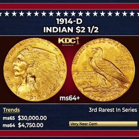 1914-p Gold Indian Quarter Eagle Near Top Pop! $2 1/2 ms66 USCG