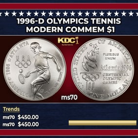 1996-d Olympics Tennis Modern Commem Dollar $1 ms70 SEGS